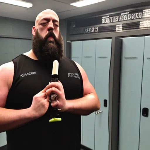 Prompt: the big show wrestler smoking a vape pen, locker room in background, gritty,