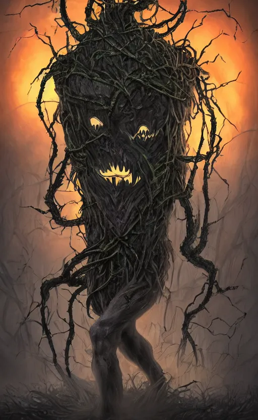 Image similar to fantasy monster concept art, a jack o lantern monster with vines for a body walking down a street of nightmares, dynamic lighting, photorealistic, trending on art station, stunning visuals, creative, cinematic, ultra detailed, atmospherical, ambient lighting, scary art, eery art