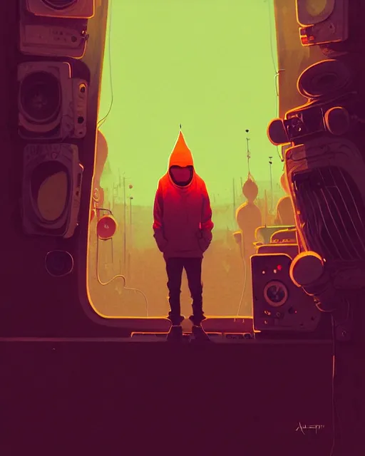Image similar to tomorrowland, hyper - realistic portrait of a man in a hoodie, music festival, intricate, 4 k, by atey ghailan, by greg rutkowski, by greg tocchini, by james gilleard, by joe fenton, by kaethe butcher, dynamic lighting, lighting color scheme, sharp focus, grunge aesthetic