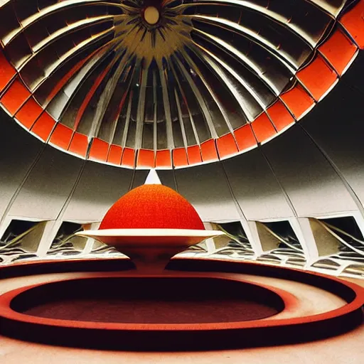 Image similar to interior of a futuristic lotus temple with gold, red and white marble panels, shafts of sunlight in the centre, in the desert, by buckminster fuller and syd mead, intricate contemporary architecture with art nouveau motifs, photo journalism, photography, cinematic, national geographic photoshoot