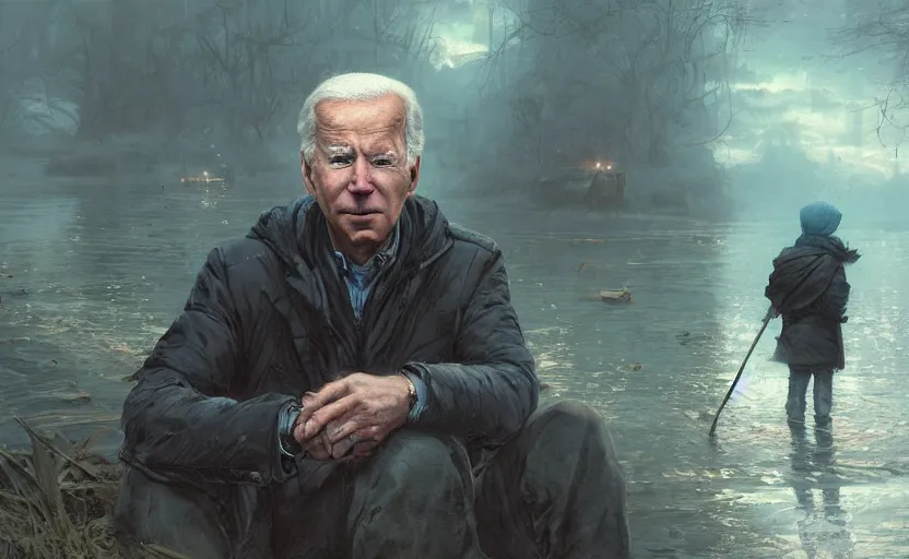 Image similar to highly detailed portrait of joe biden as a homeless, stuck in the river, stephen bliss, unreal engine, fantasy art by greg rutkowski, loish, rhads, ferdinand knab, makoto shinkai and lois van baarle, ilya kuvshinov, rossdraws, tom bagshaw, global illumination, radiant light, detailed and intricate environment