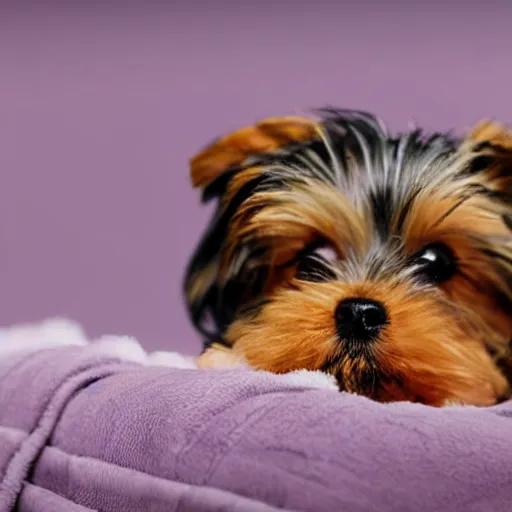Prompt: digital painting of a cute adorable yorkie puppy sleeping on a soft blanket