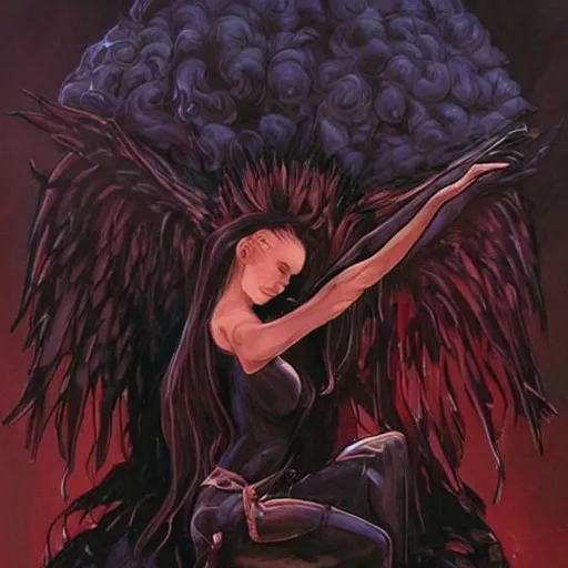 Image similar to painting in style of michael whelan, the super hot, dark angel of coffee