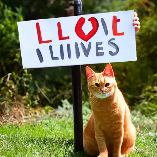 Image similar to orange tabby cat holding a sign that says