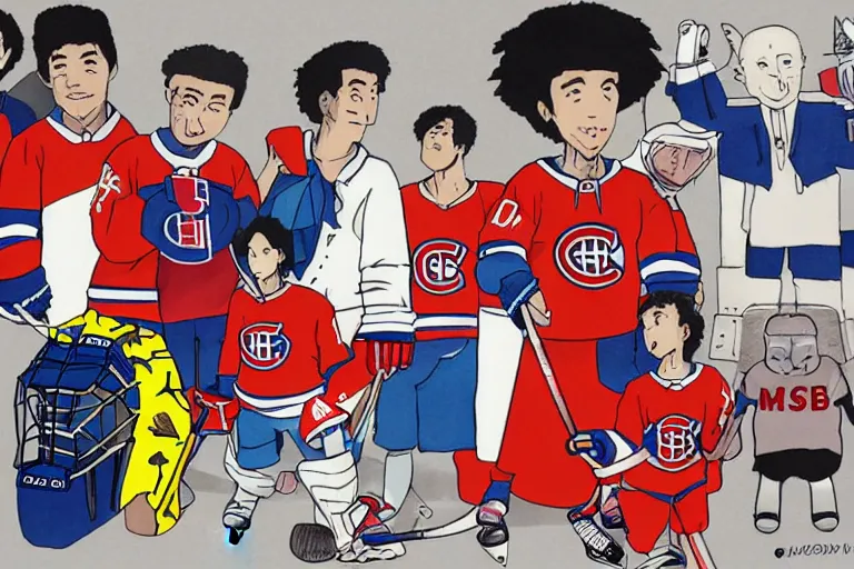 Image similar to habs hockey dressing room, style of studio ghibli + moebius + basquiat, cute,