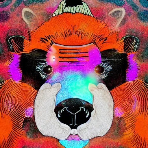 Image similar to close up, a fox, a panda, a chimpanzee, a skull, smoke, psychedelic art, digital art, 8 k