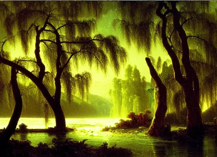 Image similar to oil painting of a willow tree next to a raging river by albert bierstadt, beautiful lighting