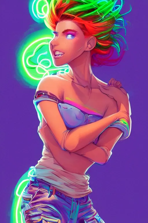 Image similar to a award winning full body portrait of a beautiful woman with stunning eyes in a one off shoulder croptop and cargo pants with rainbow colored hair, outlined by whirling illuminated neon lines and fine lines swirling in circles by jesper ejsing and rhads and makoto and shinkai and lois van baarle, digital art, trending on artstation