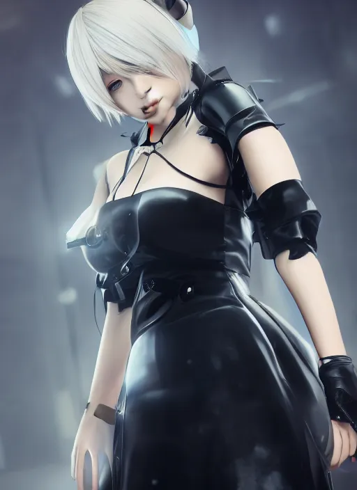 Image similar to Hyperrealistic beautiful portrait of 2B, nier automata, black dress, 8k, Octane Render, cinematic lighting