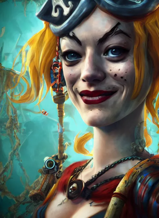 Prompt: underwater pirate steampunk portrait of emma stone as harley quinn, hyper detailed, digital art, cinematic lighting, studio quality, smooth render, unreal engine 5, octane rendered, art style by klimt and nixeu and ian sprigger and krenz cushart.