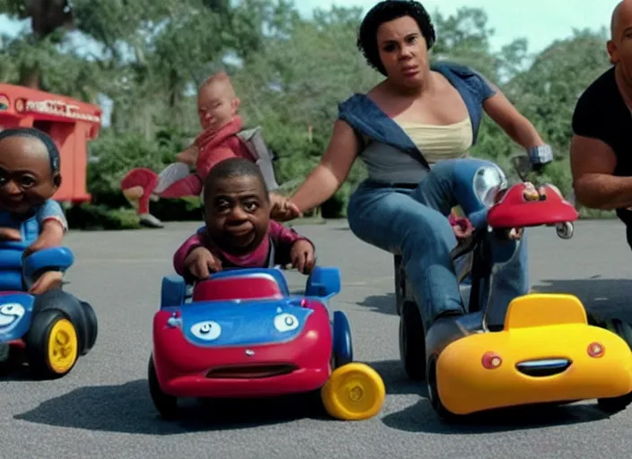 Image similar to peter dinklage racing gary coleman driving a little tikes cars, movie still, from the new fast and furious movie, 8 k, realistic