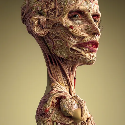 Image similar to beatifull face portrait of a woman, 150 mm, anatomical, flesh, flowers, mandelbrot fractal, facial muscles, veins, arteries, intricate, golden ratio, full frame, microscopic, elegant, highly detailed, ornate, ornament, sculpture, elegant , luxury, beautifully lit, ray trace, unreal, 3d, PBR, in the style of peter Gric , alex grey and Romero Ressendi