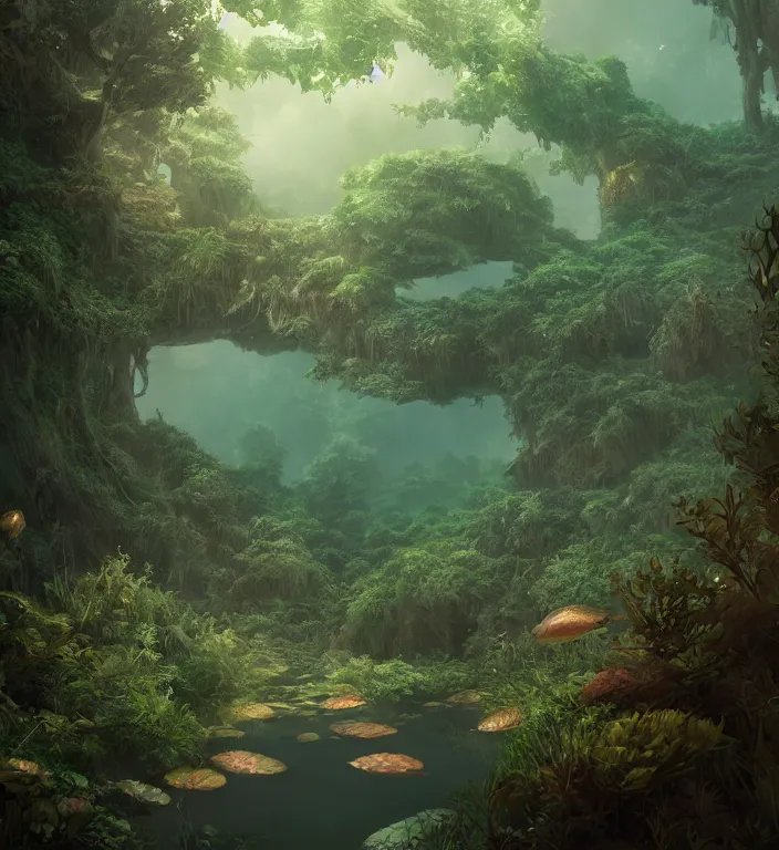 Image similar to a forest underwater, studio ghibli, au naturel, hyper detailed, digital art, trending in artstation, cinematic lighting, studio quality, smooth render, unreal engine 5 rendered, octane rendered