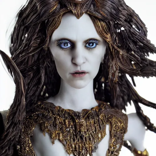 Image similar to photo taken of an epic intricate, ultra detailed, super realistic bust of a young majestic gracious regal beautiful aristocratic female vampire stop motion puppet created by weta workshop, menacing, some zoomed in shots, photorealistic, sharp focus, white wall, extremely cold blueish colour temperature, 3 5 mm, f 1. 4, golden ratio
