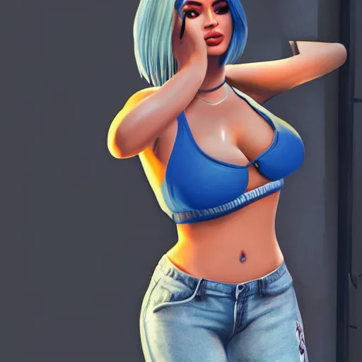 Prompt: Kylie Jenner big bust wearing a blue crop top with big cleavage, full body shot, mk6 silver vw Jetta nearby, Realistic, 4k Resolution, 8k Resolution, Detailed, Very Detailed, Highly Detailed, HD Quality, gta v load screen, Trending on Artstation