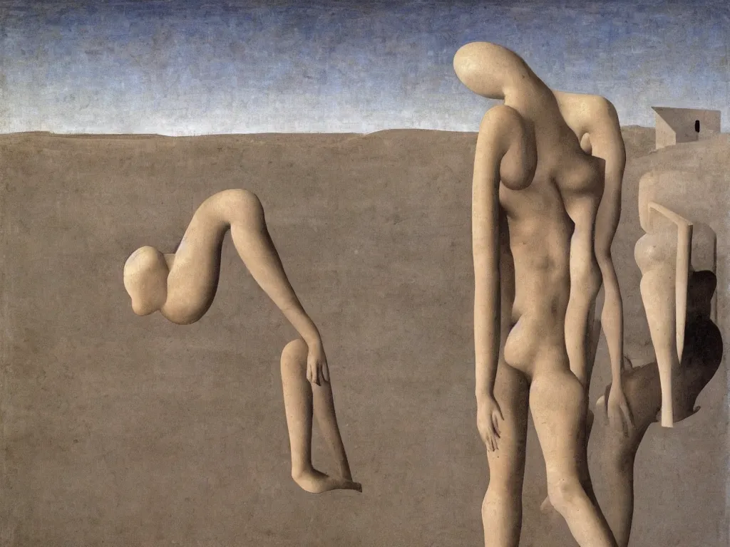 Prompt: Elongated woman sculpted by Henri Moore taking a bath in a river that crosses the streets of a deserted, brutalist city that now fills with dust, sand, smoke. Blighted thujas. Painting by Piero della Francesca, Morandi, Alex Colville