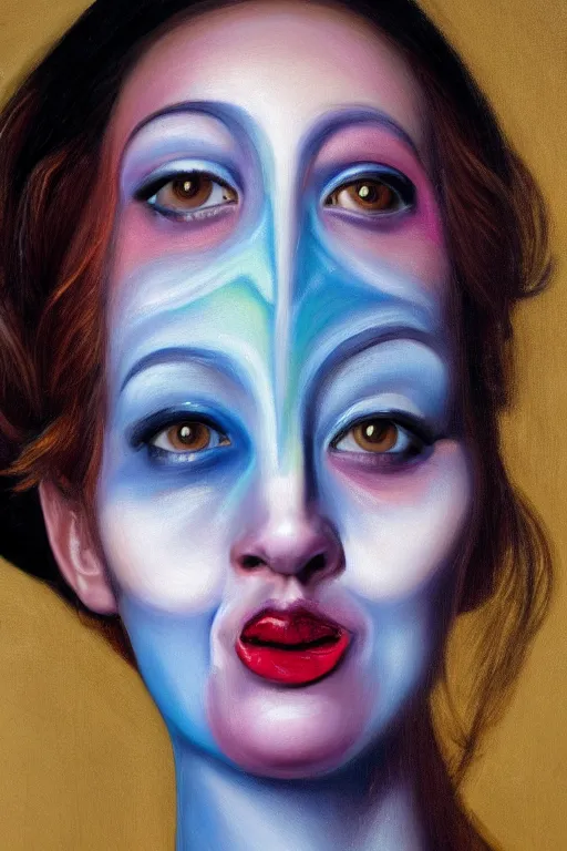 Image similar to hyperrealism oil painting, close - up portrait of commedia dell'arte fashion woman model, gradient mixed with nebula sky, in style of baroque