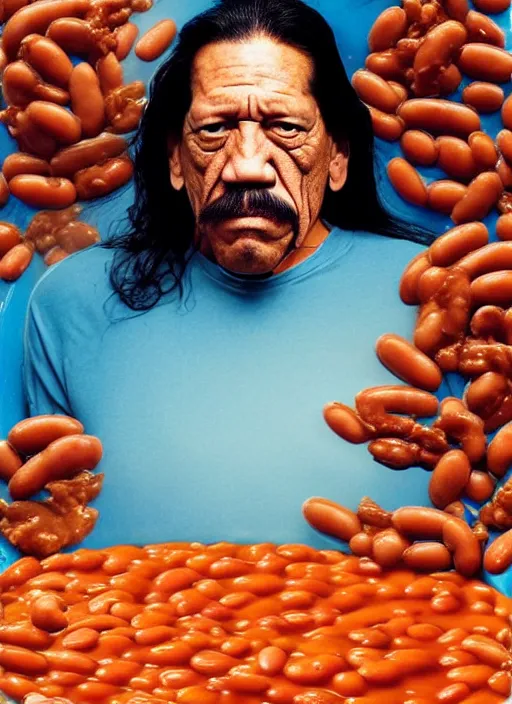 Image similar to ultrawide angle colour portrait masterpiece photography of danny trejo sitting in a kiddie pool of baked beans shot by annie leibovitz michael cheval miho hirano moebius josh kirb