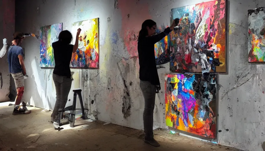 Image similar to robots! painting on canvases in a decrepit art gallery, dramatic lighting