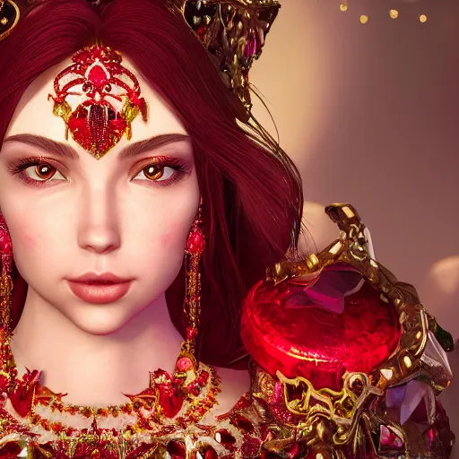 Image similar to portrait of beatiful princess of ruby with fair skin, adorned with jewels, ornate 8 k gorgeous intricate detailed, accent lighting, dramatic light, octane render