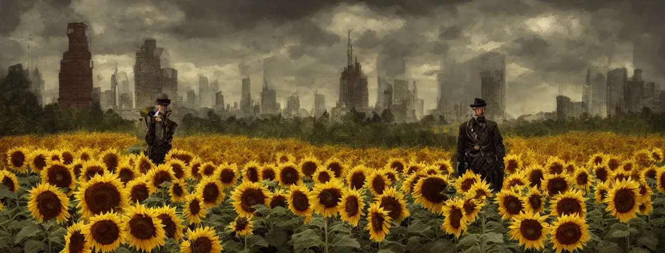 Prompt: old soldiers head being overgrown by sunflowers, Minsk and Moscow in background, dark, eerie, despair, portrait photography, artstation, digital art, adward winning, concept art, artstation, highly detailed, sharp focus, by caravaggio