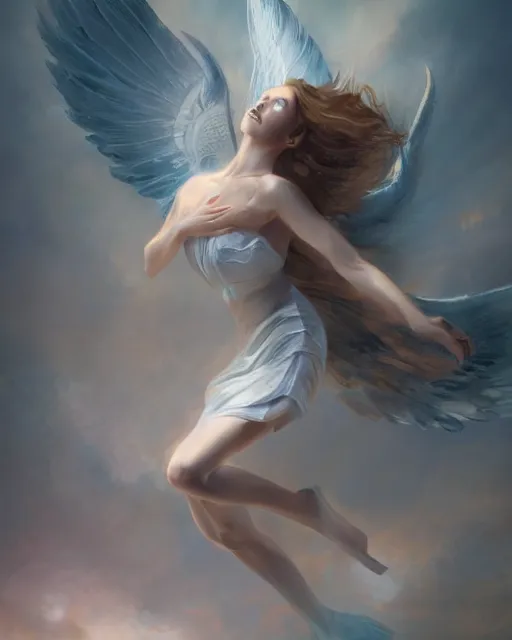 Prompt: woman turning into an angel levitating off the ground, by randy vargas and by bayard wu, art station, smooth, focus