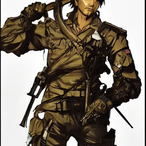 Image similar to portrait of a war hero holding his sword in front of his face by yoji shinkawa, high quality, extra details, realism, ornate, colored, golden chain, blood, white skin, short hair, brown eyes, vivid, sunlight, dynamic, american man, freedom, white american soldier, painting