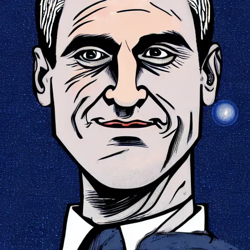 Prompt: digital illustration of secretary of denis mcdonough face with glowing eyes, light glowing out of eyes, light glowing out of eyes, light glowing out of eyes, cover art of graphic novel, eyes replaced by glowing lights, glowing eyes, flashing eyes, balls of light for eyes, evil laugh, menacing, Machiavellian puppetmaster, villain, clean lines, clean ink