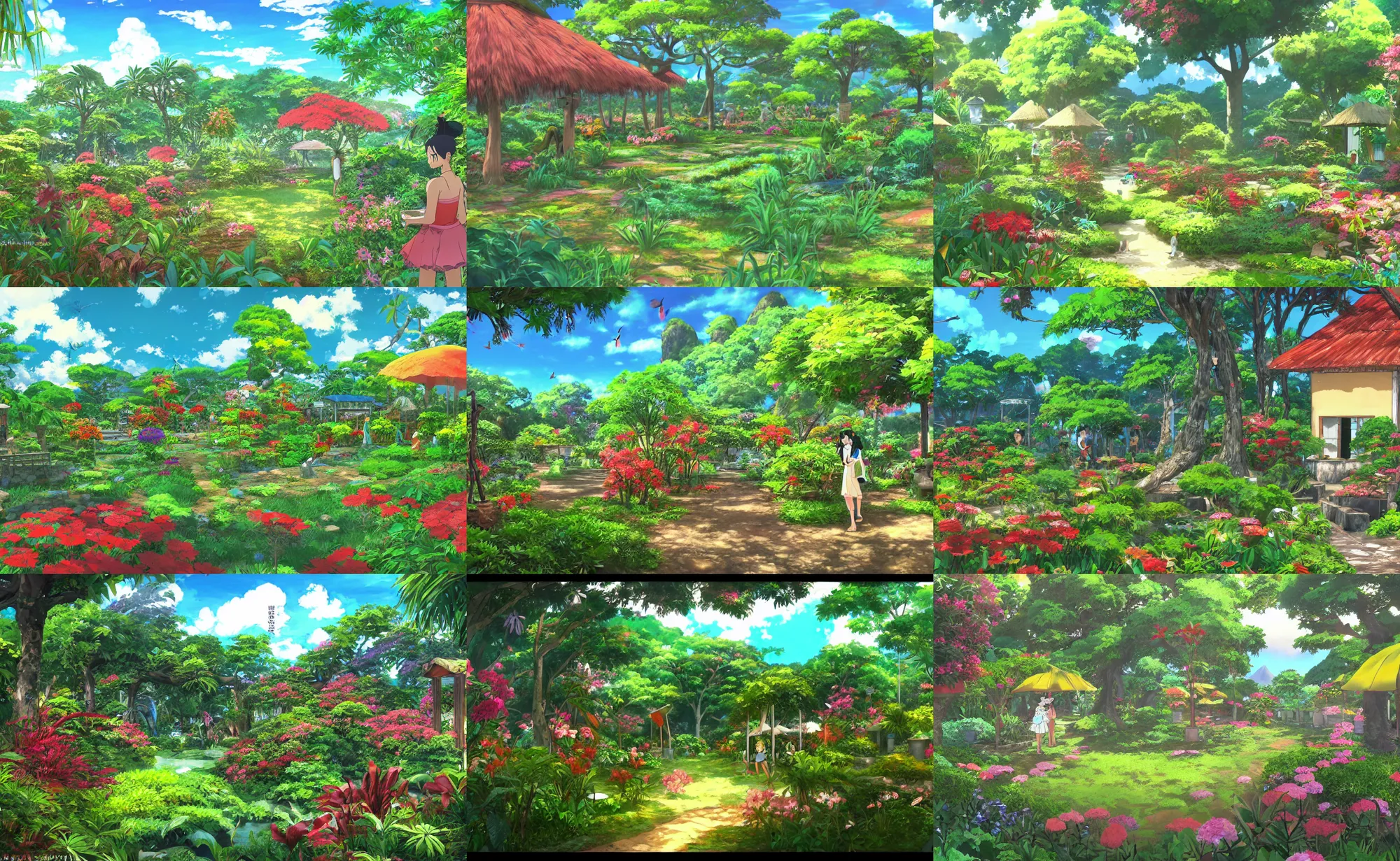 Prompt: a creole garden from reunion island, anime background by makoto shinkai, by studio ghibli, anime, trending on artstation