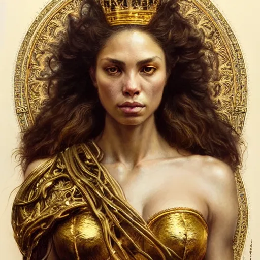 Image similar to highly detailed portrait of a majestic lioness queen in the form of a beautiful woman. d & d. art by donato giancola, eugene delacroix, ruan jia, martin schoeller. trending on artstation, intricate details, energetic composition, golden ratio, concept art, illustration, elegant art, global illuminaition