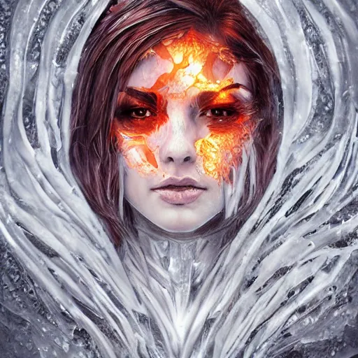 Prompt: woman portrait made out of ice and fire, beautiful, cyborg, comic book art, highly detailed, trending on artstation