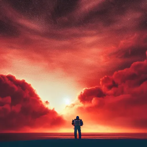 Image similar to an astronaut emerging from an ocean of red water, otherwordly sky, cinematic shot, 35mm, photography, High definition, 8k, detailed, deprh of field, photorealistic, epic atmosphere