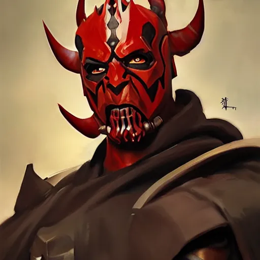 Image similar to greg manchess portrait painting of armored darth maul as overwatch character, medium shot, asymmetrical, profile picture, organic painting, sunny day, matte painting, bold shapes, hard edges, street art, trending on artstation, by huang guangjian and gil elvgren and sachin teng