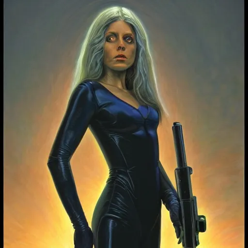 Image similar to pleiadian woman with big eyes and long silver hair wearing a dark body suit and holding a plasma gun as a realistic sci fi character, portrait art by donato giancola and greg rutkowski, digital art, trending on artstation, standing in a barren field, full body, long silver hair