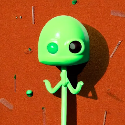 Image similar to one eyed purple alien eating a lollipop made of hardened green slime, it has antennas as ears, signal the camera to get his best side, varying angles, wide shot, golden hour