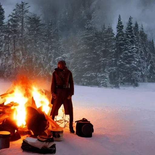 Image similar to a movie still from final fantasy live action, a traveler alone by the campfire in the sno, dieselpunk w