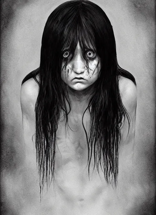 Image similar to digital _ painting _ of _ the grudge horror black and white _ by _ filipe _ pagliuso _ and _ justin _ gerard _ symmetric _ fantasy _ highly _ detailed _ realistic _ intricate _ port