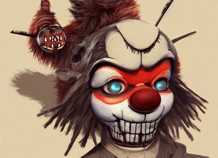 Image similar to award - winning detailed concept art of a creepy clown fnaf animatronic puppet anthropomorphic raccoon character wearing clown makeup face paint. art by wlop on bcy. net, realistic. detailed fur, art by cheng yi. artstationhd, artgerm, 3 dcg, pixar zootopia. 3 d rendering, high quality disney model sheet detailed