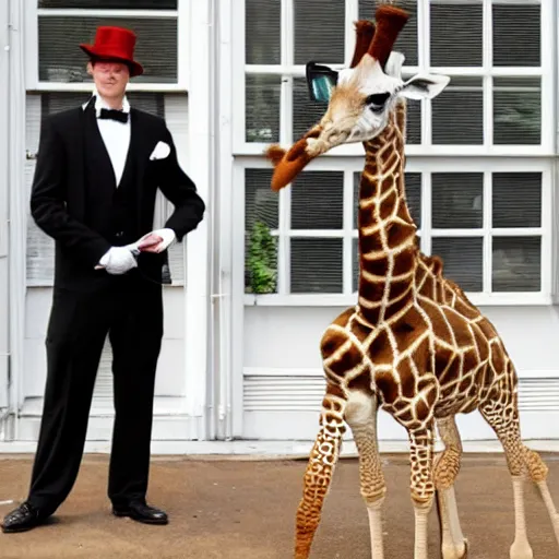 Image similar to a giraffe dressed as a butler