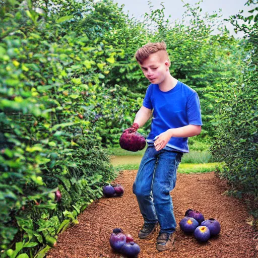 Prompt: a boy steals blueberries from a british garden, hyper realistic, 4 k, photo