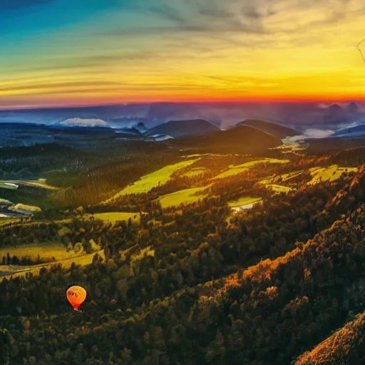 Prompt: panoramic picture taken with a wide angle lens from the top of a high mountain. hundreds of brightly coloured hot air balloons are floating in the sky. picture taken at sunset. simon stalenhag style, extremely detailed scenic, impressive lighting