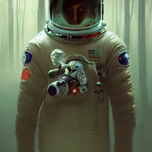 Image similar to character concept of an astronaut, with beer bottle in hand, ima dark rain forest at night, foggy, eerie, highly detailed, digital painting, artstation, concept art, symmetry, smooth, sharp focus, illustration, art by artgerm and greg rutkowski and alphonse mucha