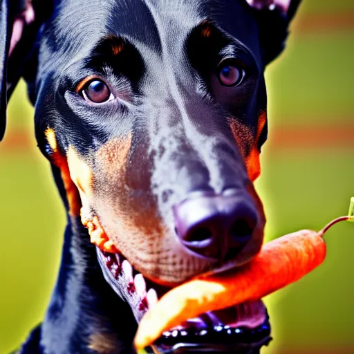 Prompt: doberman dog eating a carrot, photo