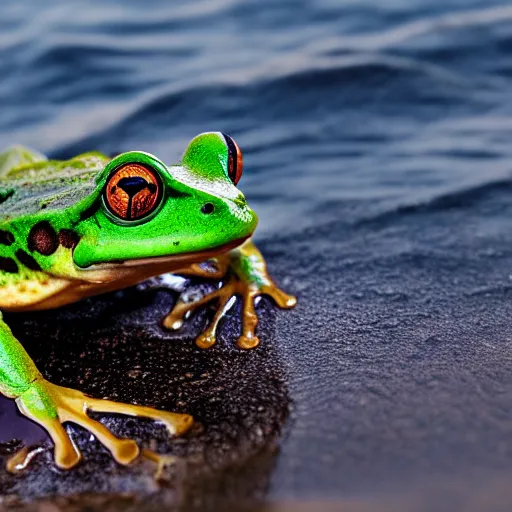 Image similar to photograph of a frog on a surfboard, catching a wave, high quality, clean, sharp focus, enhanced colors, hd, 8k