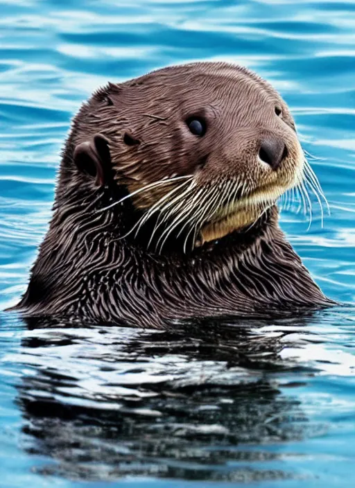 Image similar to cute sea otter wearing headphones sitting in front of a computer