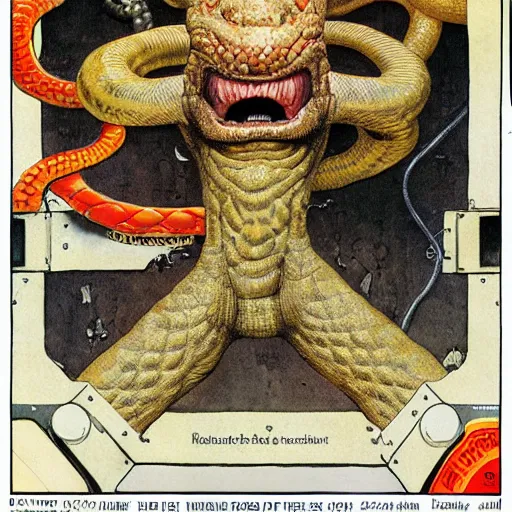 Image similar to cube headed snake man happy, ultra detailed, style of norman rockwell, style of richard corben, 4 k, rule of thirds.