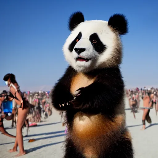 Prompt: a panda dancing on a busy playa at burning man