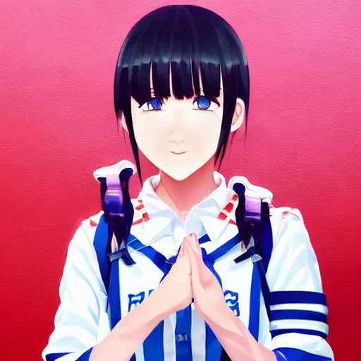 Image similar to a high detail portrait of high school girl by makoto sinkai, kawaii, full body, in simple background, CLIP STADIO, mad painting