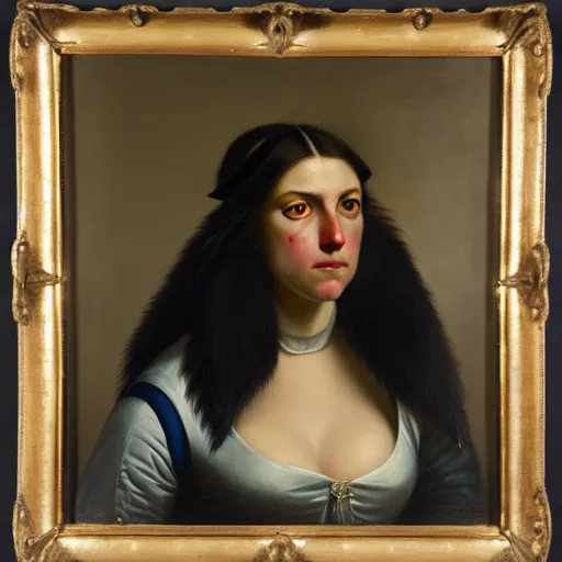 Prompt: a head - and - shoulders portrait of a female wolf wolfwoman wearing a police uniform looking off camera, an american romanticism painting, a portrait painting, cgsociety, soft focus, oil on canvas