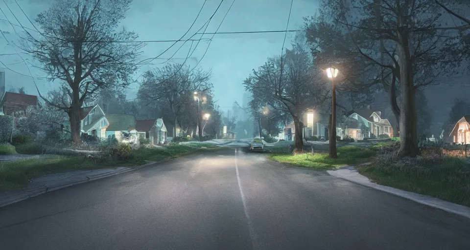 Image similar to a quaint suburban street at night, realistic rendering, unreal engine, 4k, hdr, high dynamic range, f12, by simon stalenhag